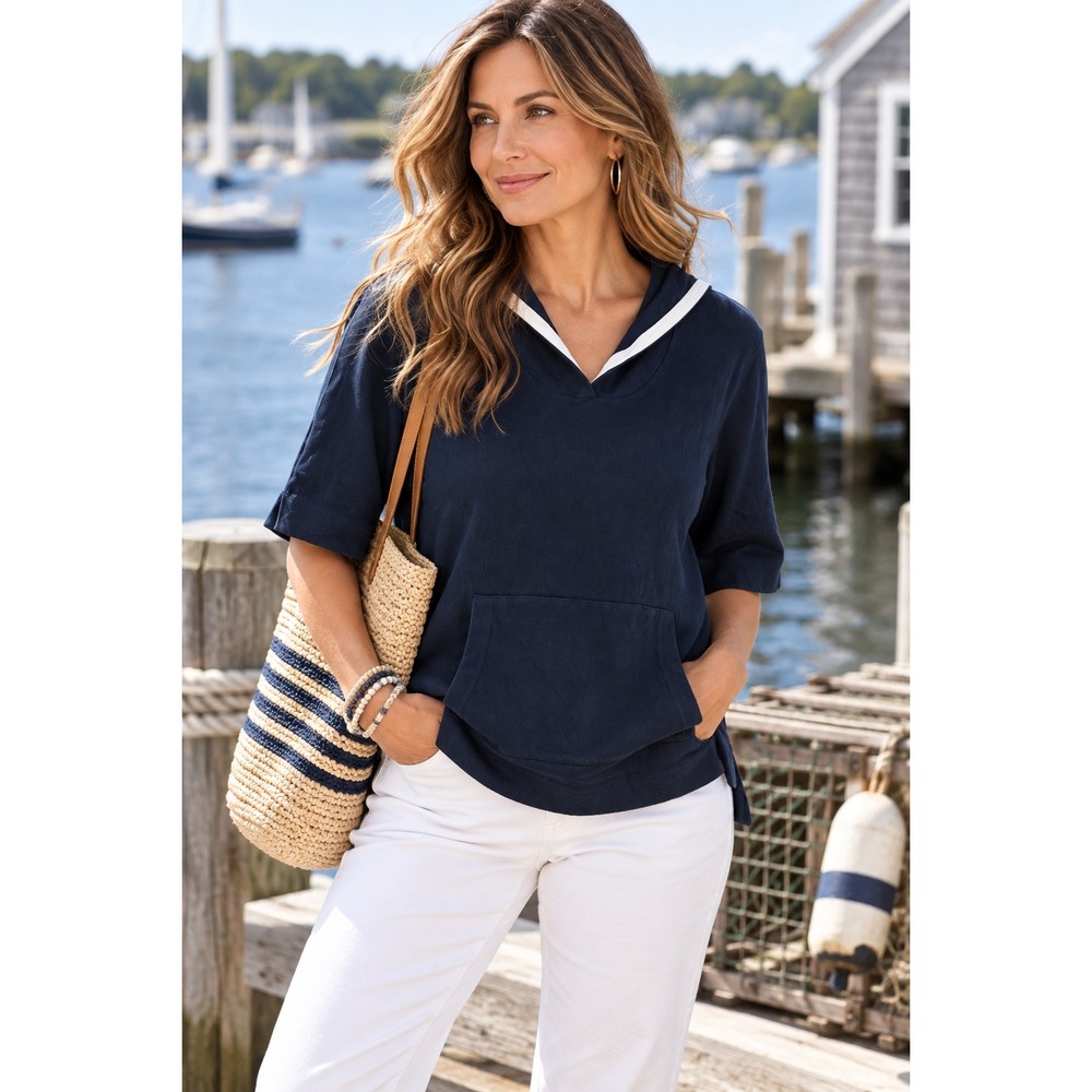 IB Diffusion 3X Women Plus Navy Blue Nautical Sailor Hooded Pullover Cotton Top